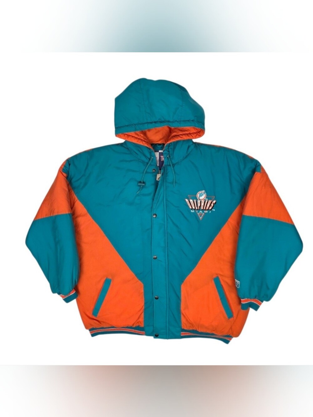 vintage 90s Logo 7 Miami Dolphins hooded puffer jacket Men's 2XL Teal And Orange